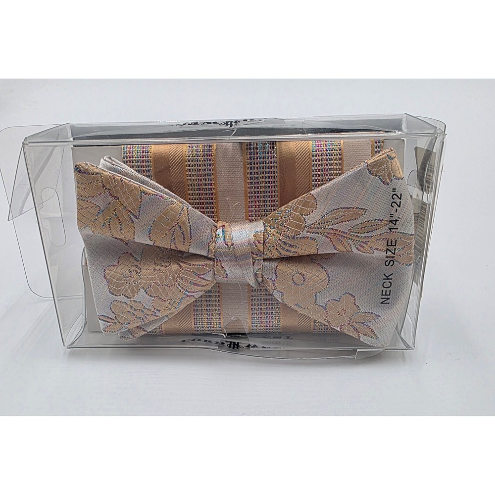 Lord West Men's Gold Floral Brocade Bow Tie and Pocket Square Set SY5070 NEW